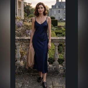 OAK + FORT Navy Blue Satin Midi Slip Dress Size XS